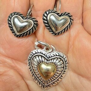 Silver and Gold Heart Jewelry Set Earrings and Pendant